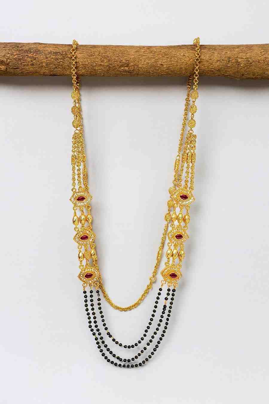 Royal Gold-Plated Double-Layer Long Mangalsutra – Red Stone & Black Bead Design