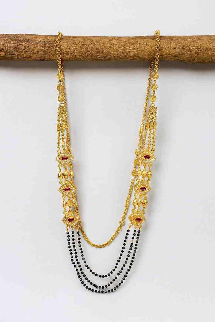 Royal Gold-Plated Double-Layer Long Mangalsutra – Red Stone & Black Bead Design