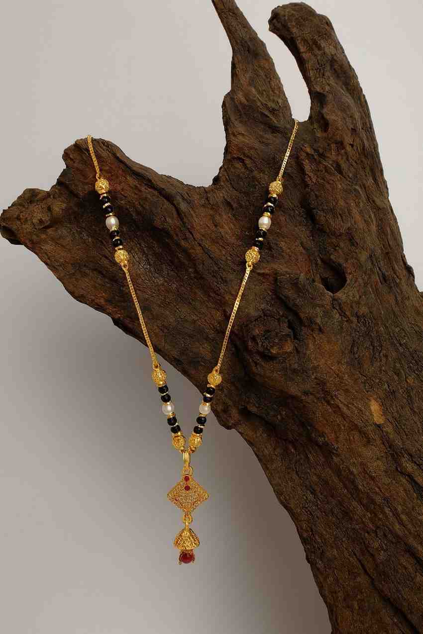 Gold-Plated Traditional Diamond Mangalsutra – Red Stone Pendant with Pearl & Black Beads