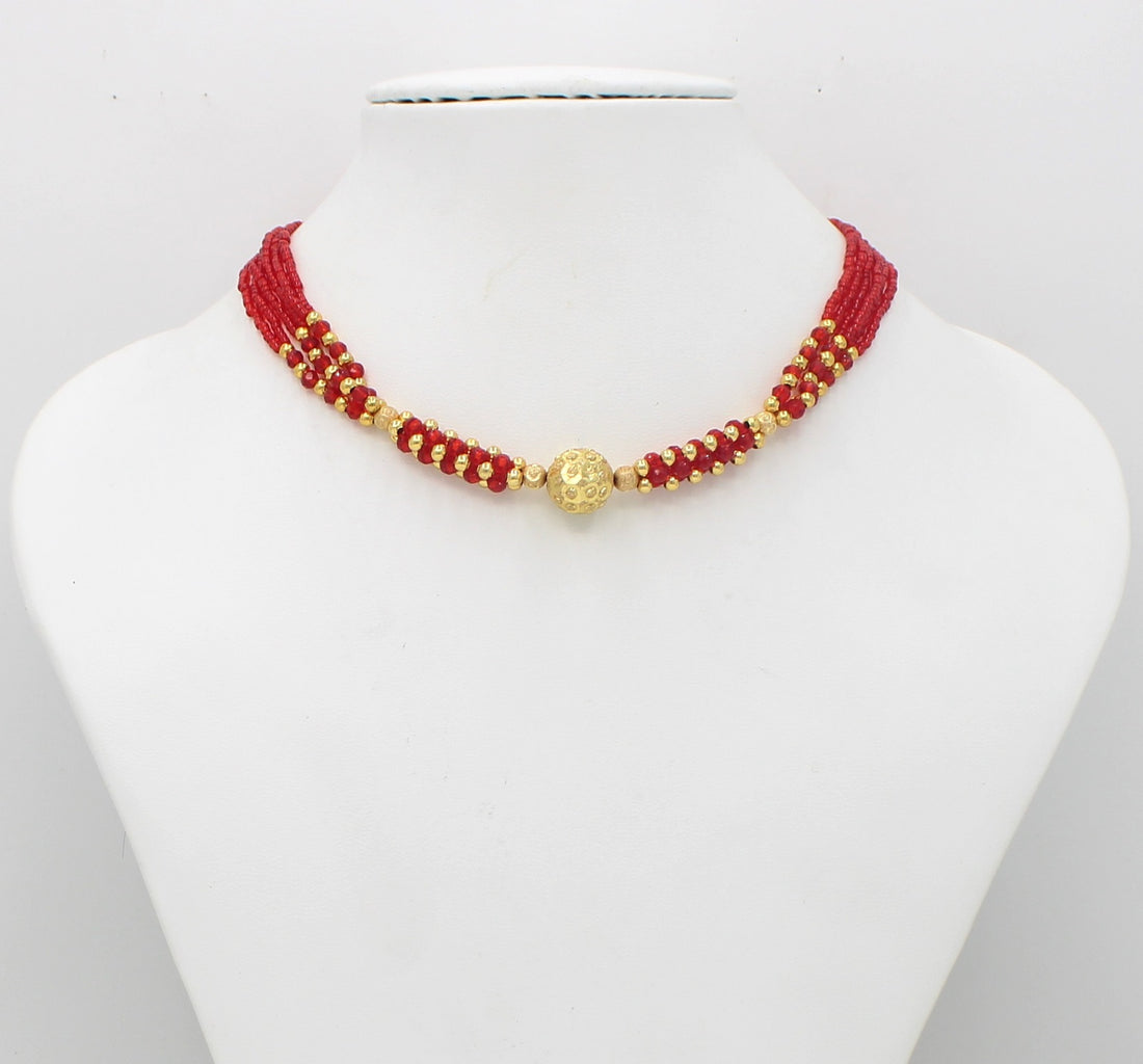 Royal Ruby Red Beaded Choker Necklace with Gold-Plated Center Bead – Elegant Traditional Festive Jewellery