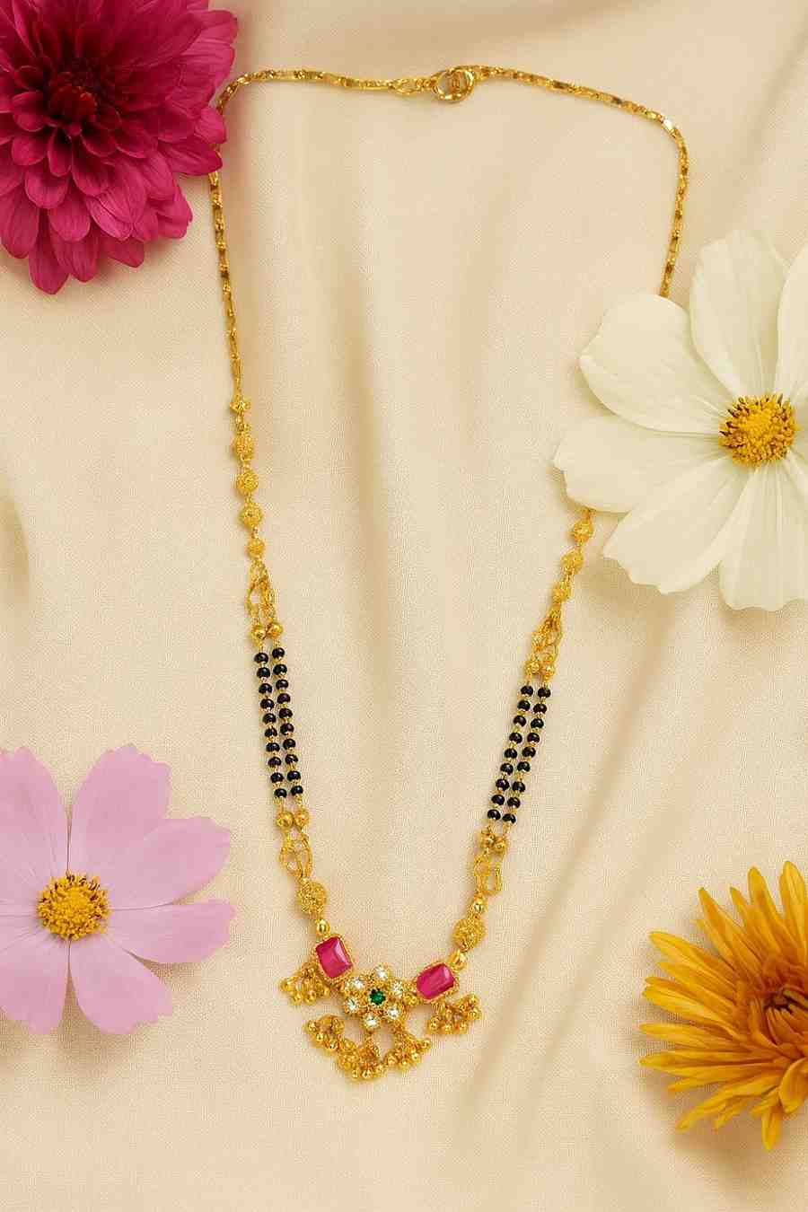 Traditional Gold-Plated Mangalsutra with Ruby-Green Stones & Black Beads – Premium Bridal & Daily Wear Design