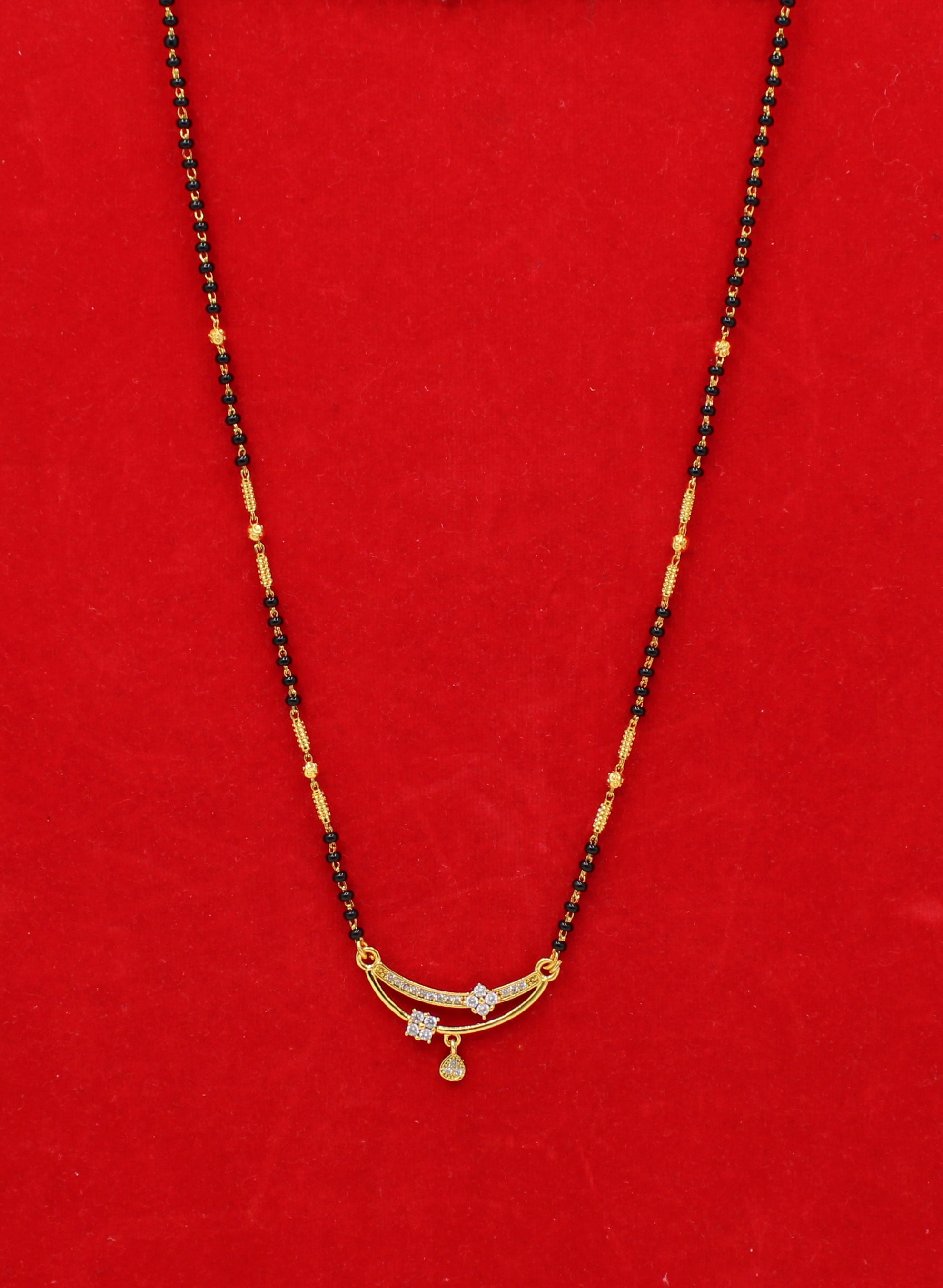 Designer Gold-Plated Mangalsutra with Dual CZ Charms & Black Beads