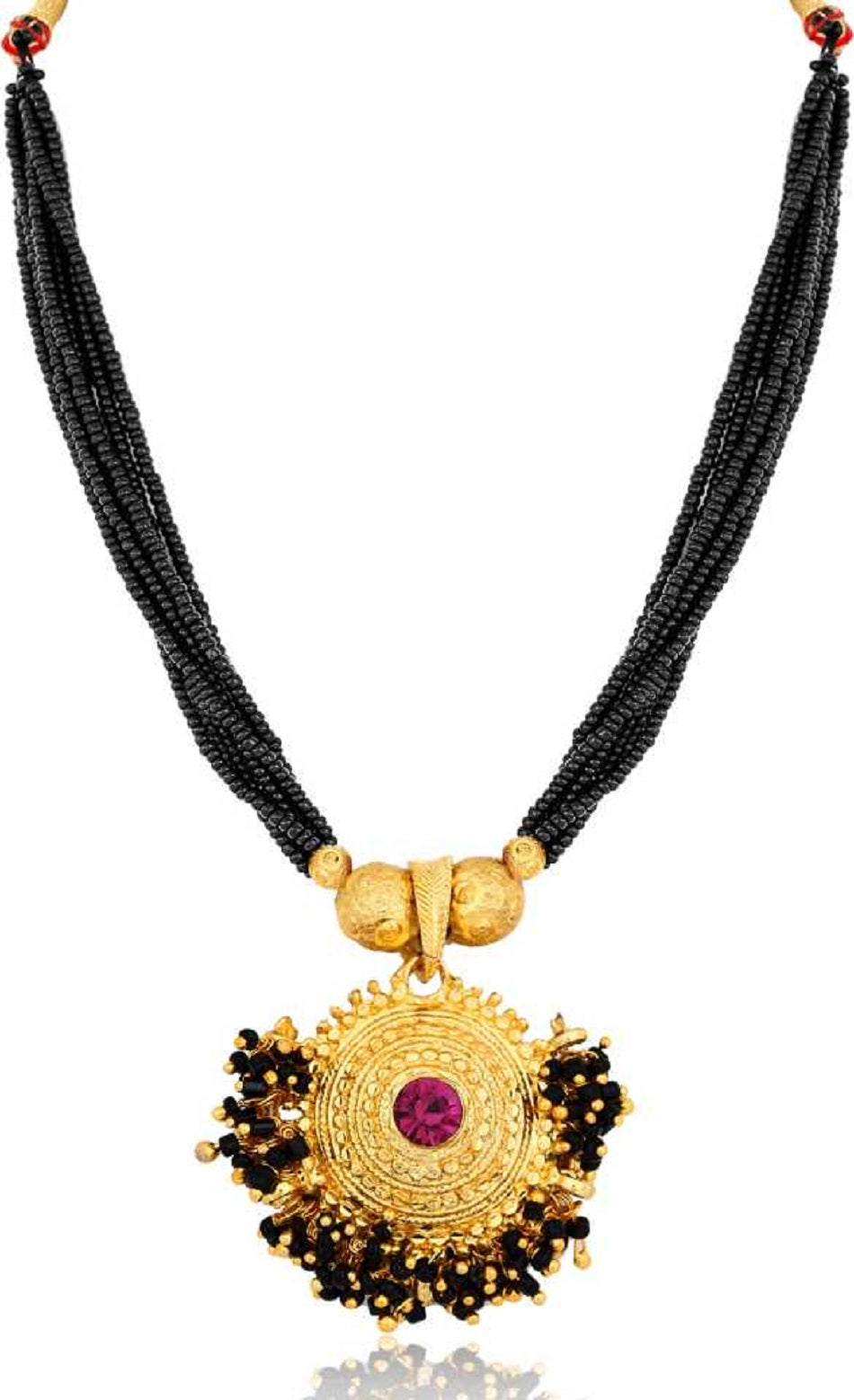 Traditional Round Designer Mangalsutra – 1 Gram Gold Plated with Pink Stone & Multi-Layer Black Beads ✨