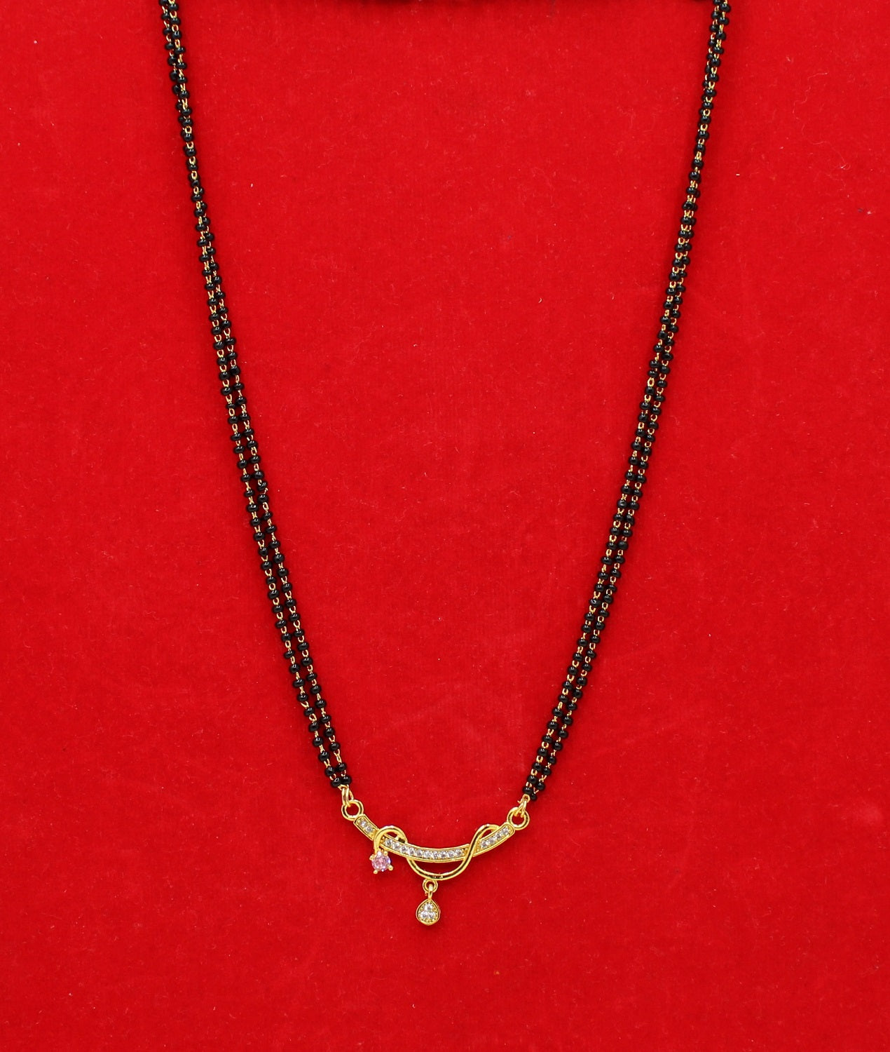 Stylish Double-Line Black Bead Mangalsutra with Dual Charm CZ Pendant