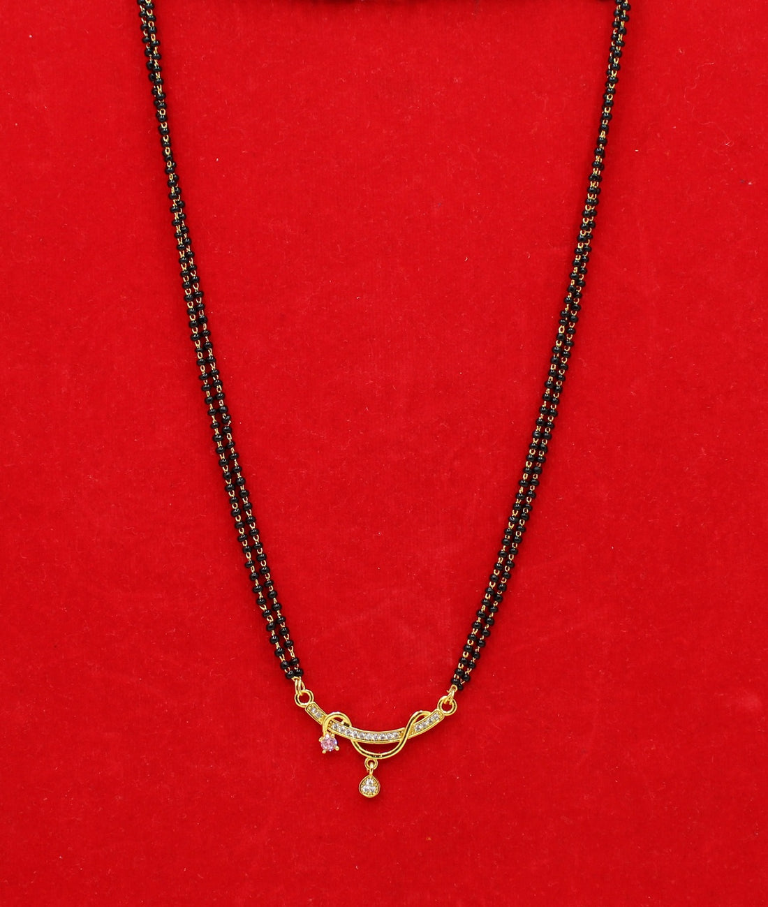 Stylish Double-Line Black Bead Mangalsutra with Dual Charm CZ Pendant