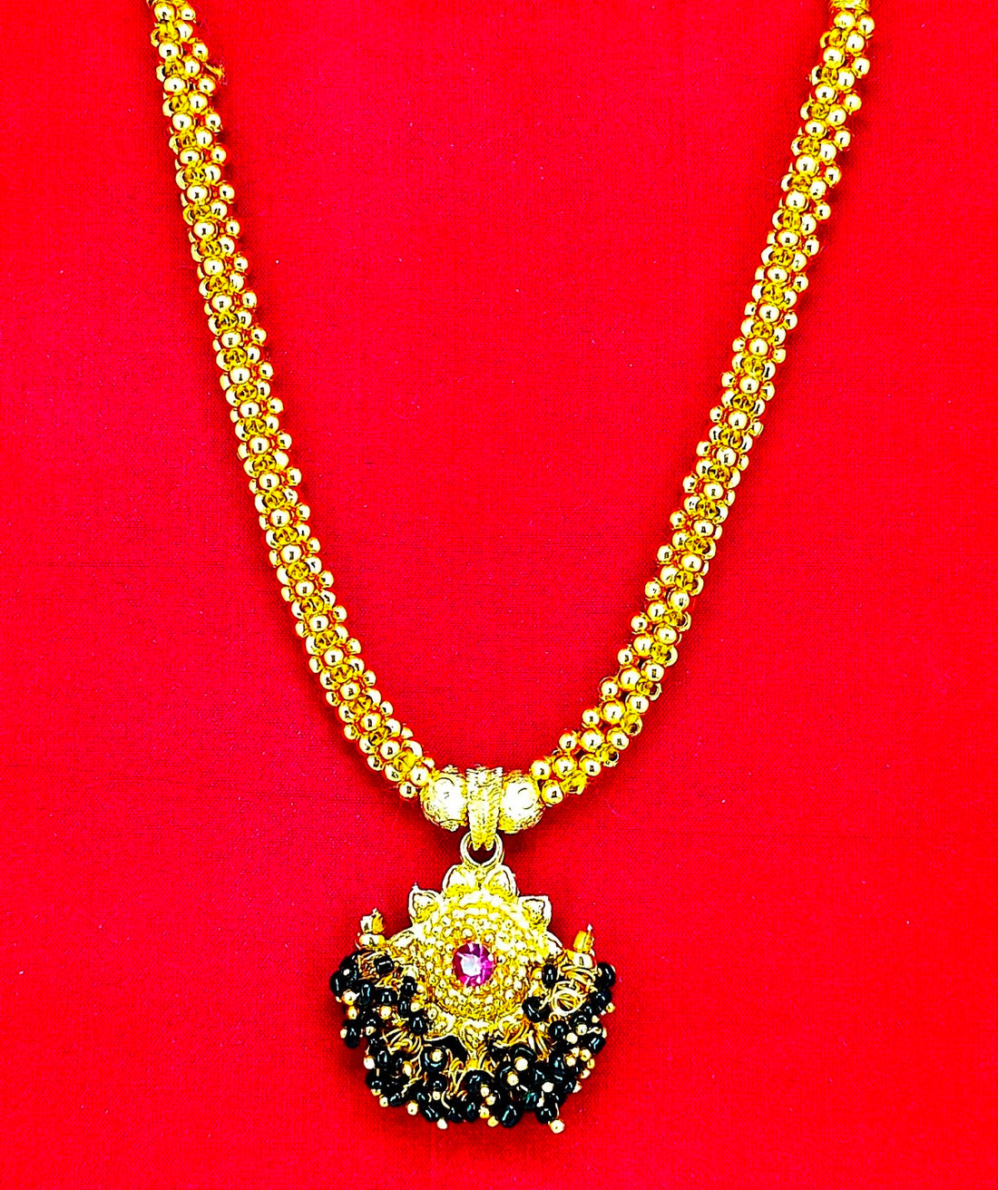 Traditional Gold-Plated Beaded Mangalsutra Necklace with Red Stone Pendant – Elegant Bridal & Festive Jewellery
