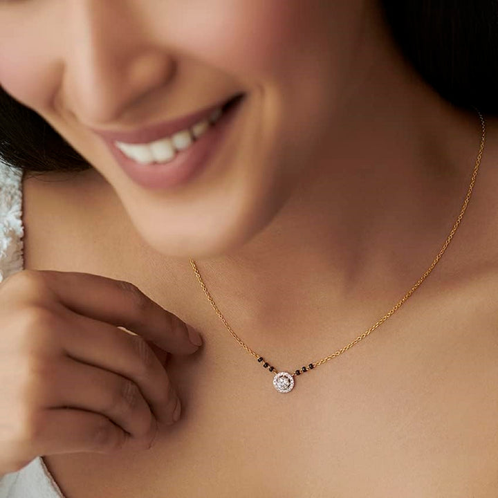 Elegant Solitaire Diamond-Style Mangalsutra with Halo Pendant for women