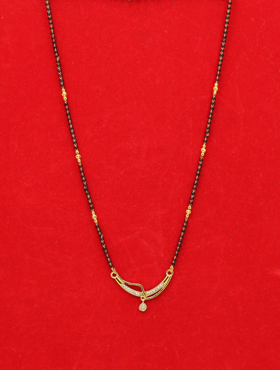 Graceful Gold-Plated Mangalsutra with CZ Stone Pendant & Dual Beads