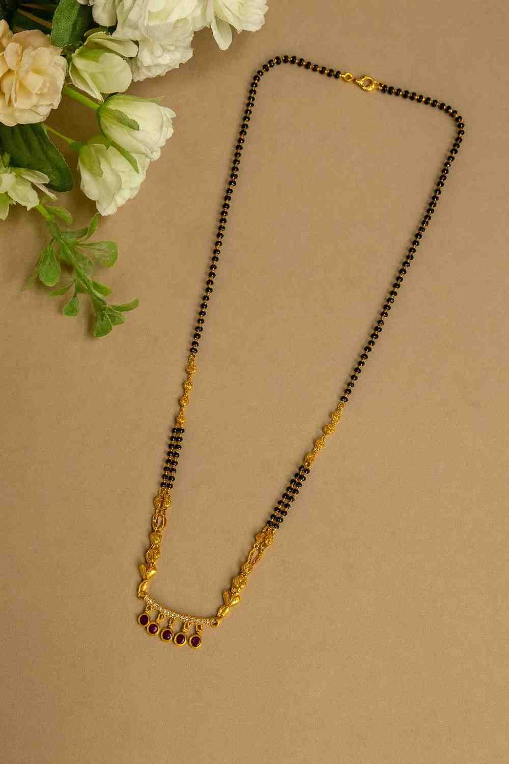 Minimal Ruby Drop Mangalsutra – Gold-Plated Black Bead Chain for Everyday Elegance