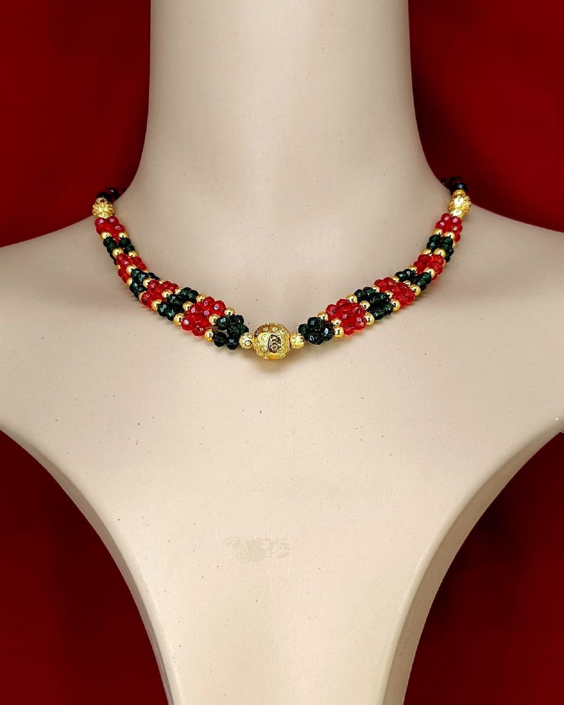 Classic Red & Green Beaded Necklace with Golden Centerpiece – Traditional Festive Jewellery for Women