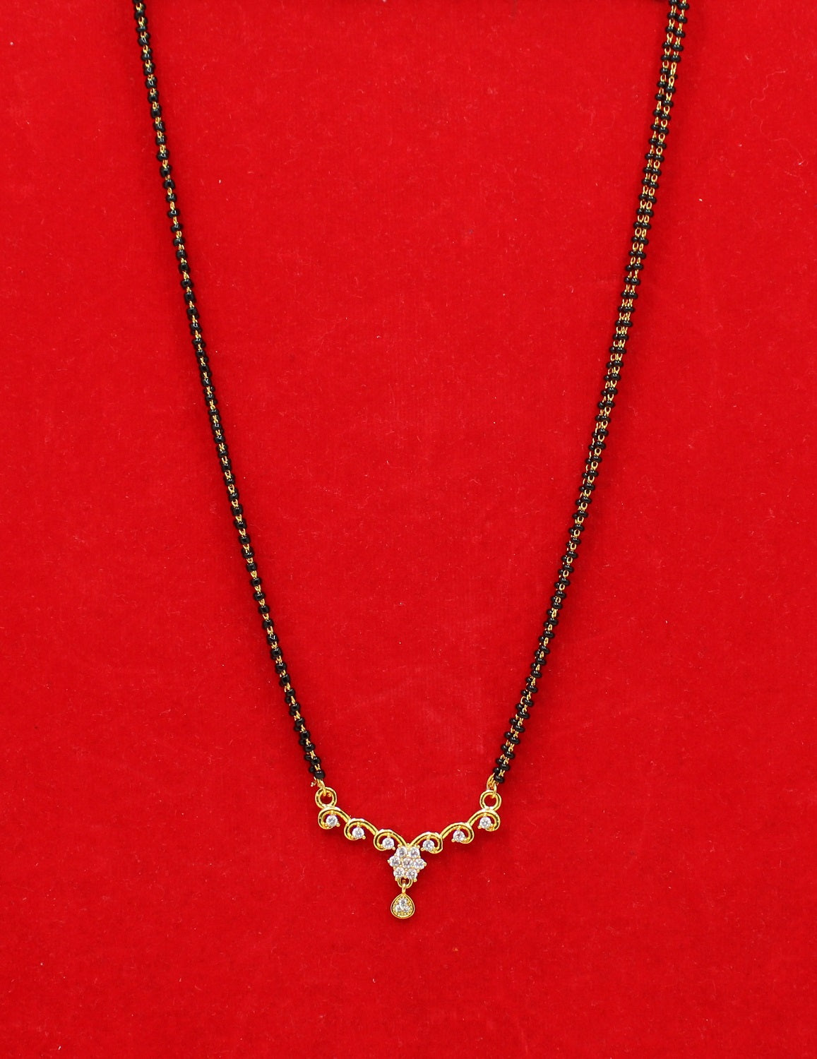 Elegant Double-Line Black Beads Mangalsutra with CZ Stone Pendant