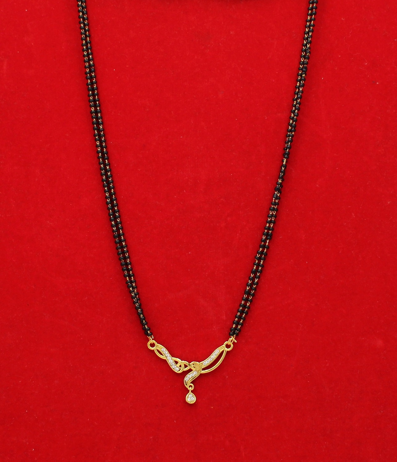 Gold-Plated Double Chain Mangalsutra with CZ Stone & Drop Pendant