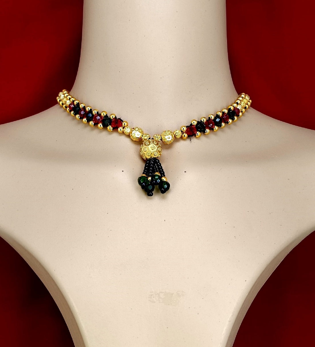 Royal Red & Gold Beaded Necklace with Black Tassel – Traditional Festive Jewellery for Women