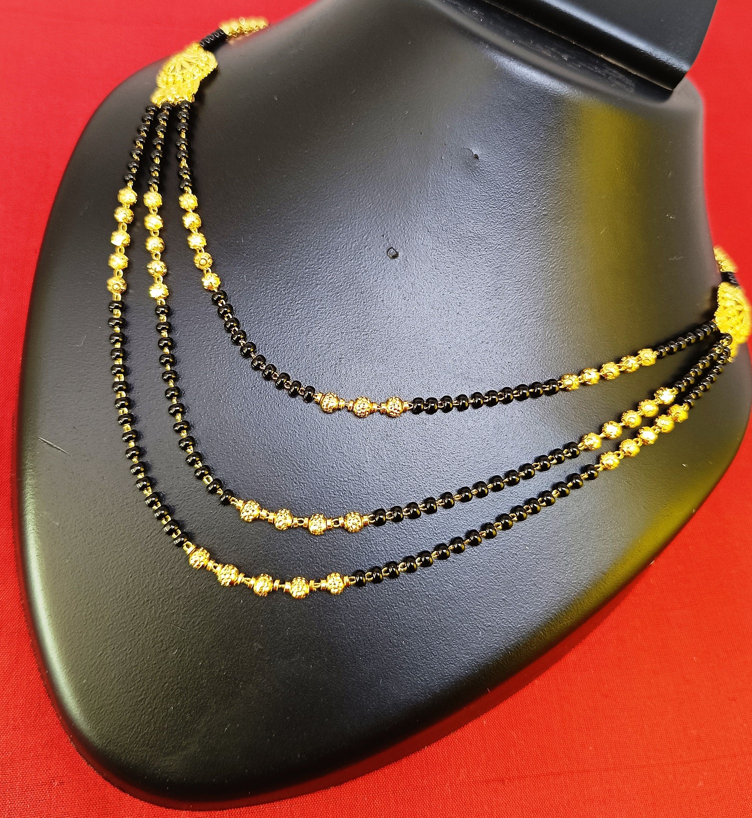 Triple Layer Gold Plated Mangalsutra – Royal Black Beads Design for Elegant Brides 💛