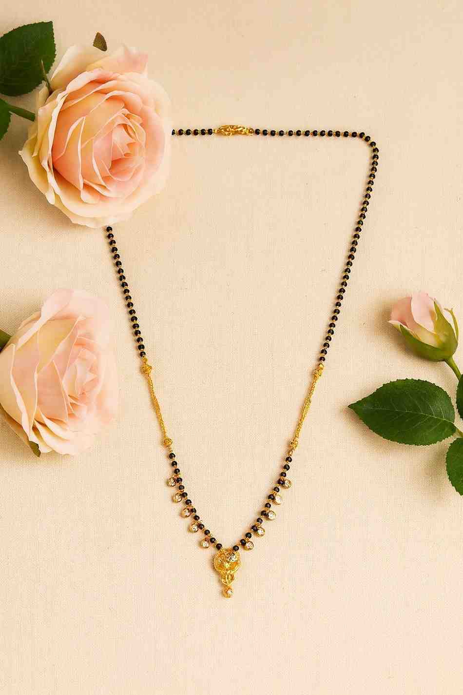 Elegant Gold-Plated Daily Wear Mangalsutra – Minimal Black Bead Chain with Designer Pendant