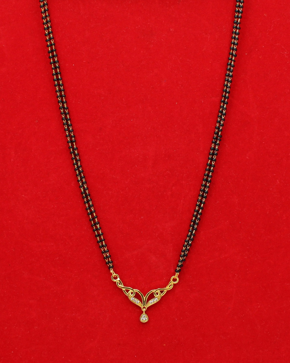 Elegant Double-Line Black Bead Mangalsutra with Heart-Inspired CZ Pendant