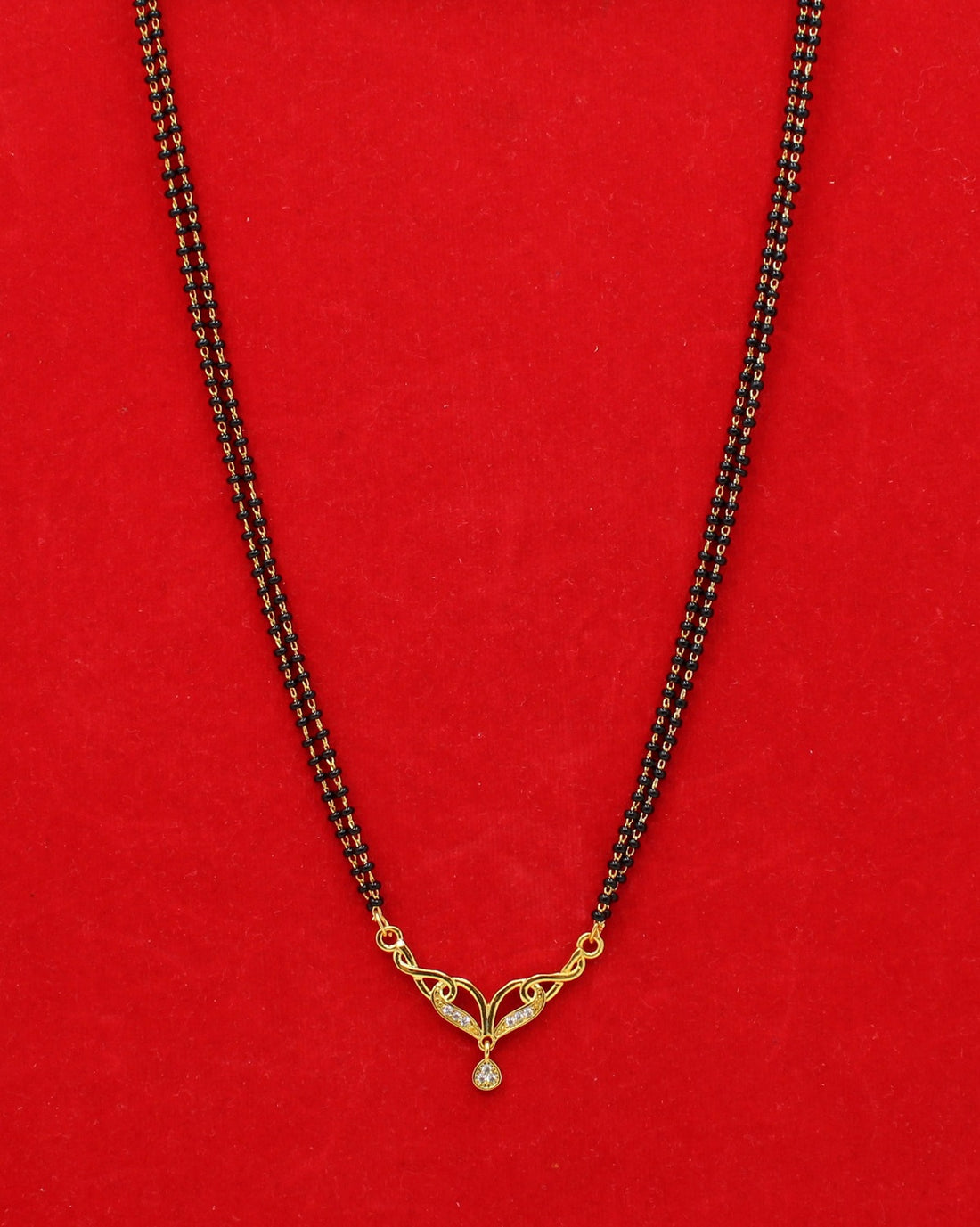 Elegant Double-Line Black Bead Mangalsutra with Heart-Inspired CZ Pendant