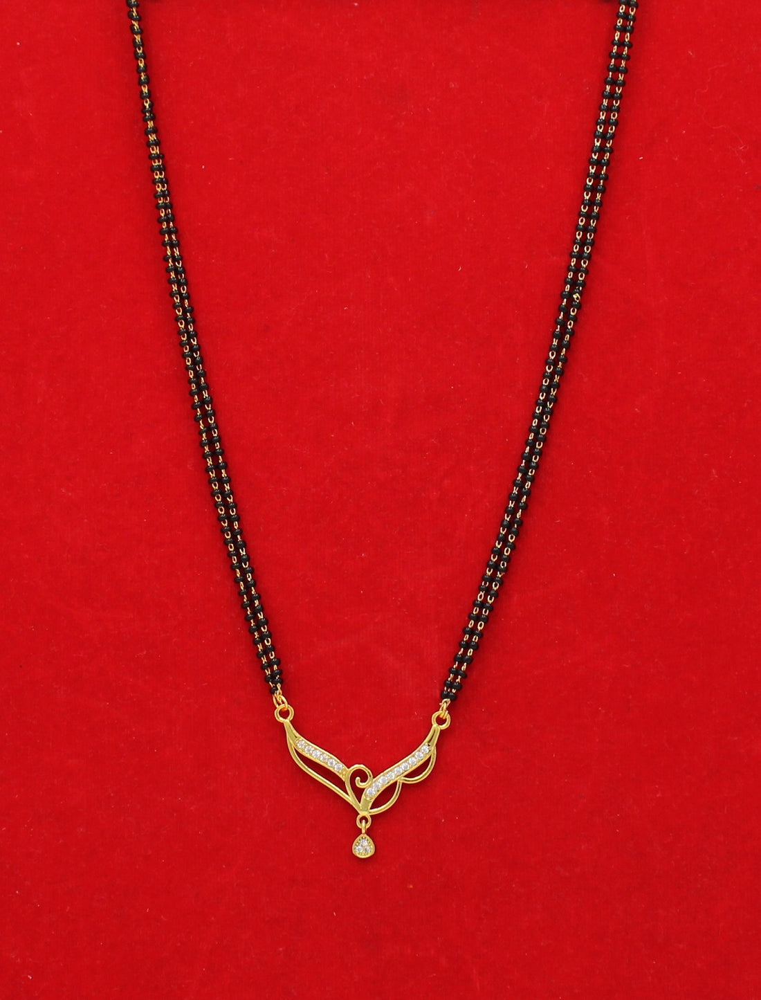 Stylish Double-Line Black Bead Mangalsutra with CZ Drop Pendant