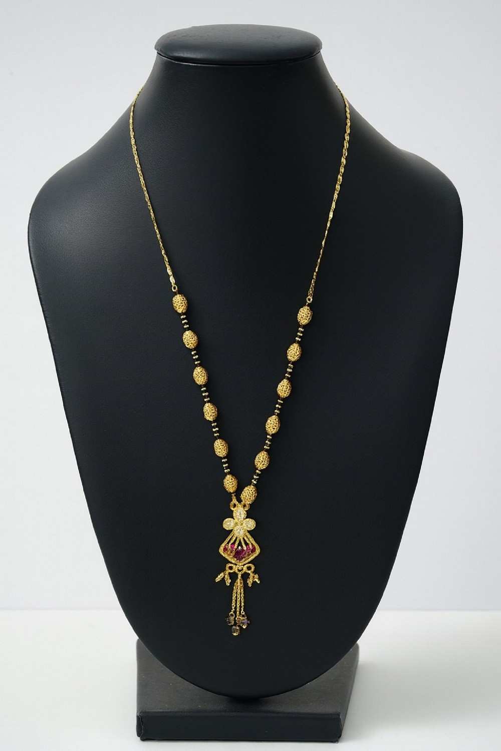 Royal Gold-Plated Double-Layer Long Mangalsutra – Red Stone & Black Bead Design
