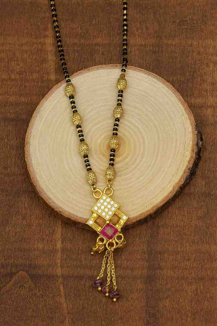 Royal Gold-Plated Traditional Mangalsutra – Purple Stone Pendant with Black Beads