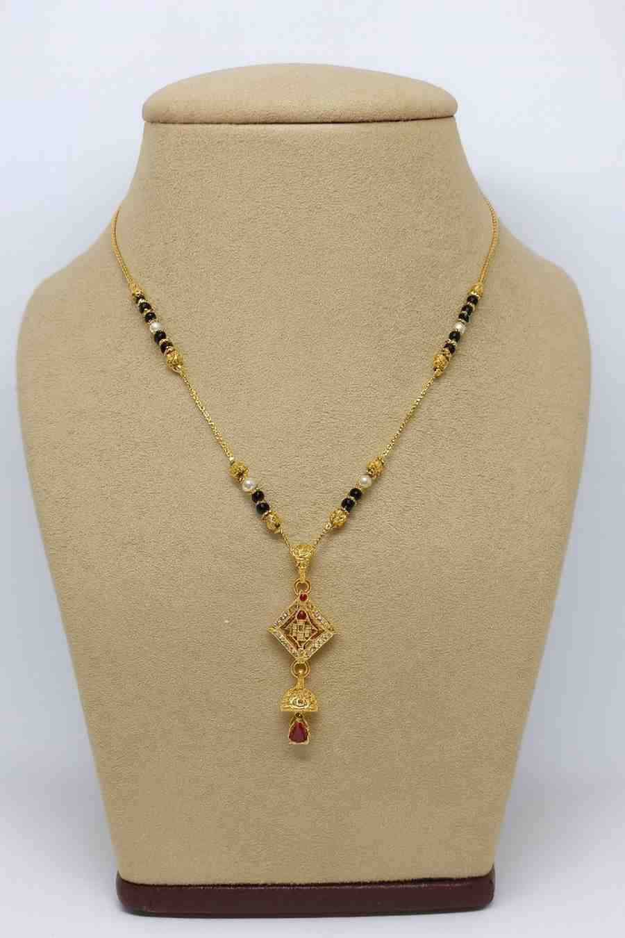 Gold-Plated Traditional Diamond Mangalsutra – Red Stone Pendant with Pearl & Black Beads