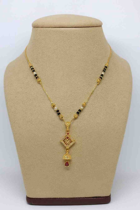 Gold-Plated Traditional Diamond Mangalsutra – Red Stone Pendant with Pearl & Black Beads