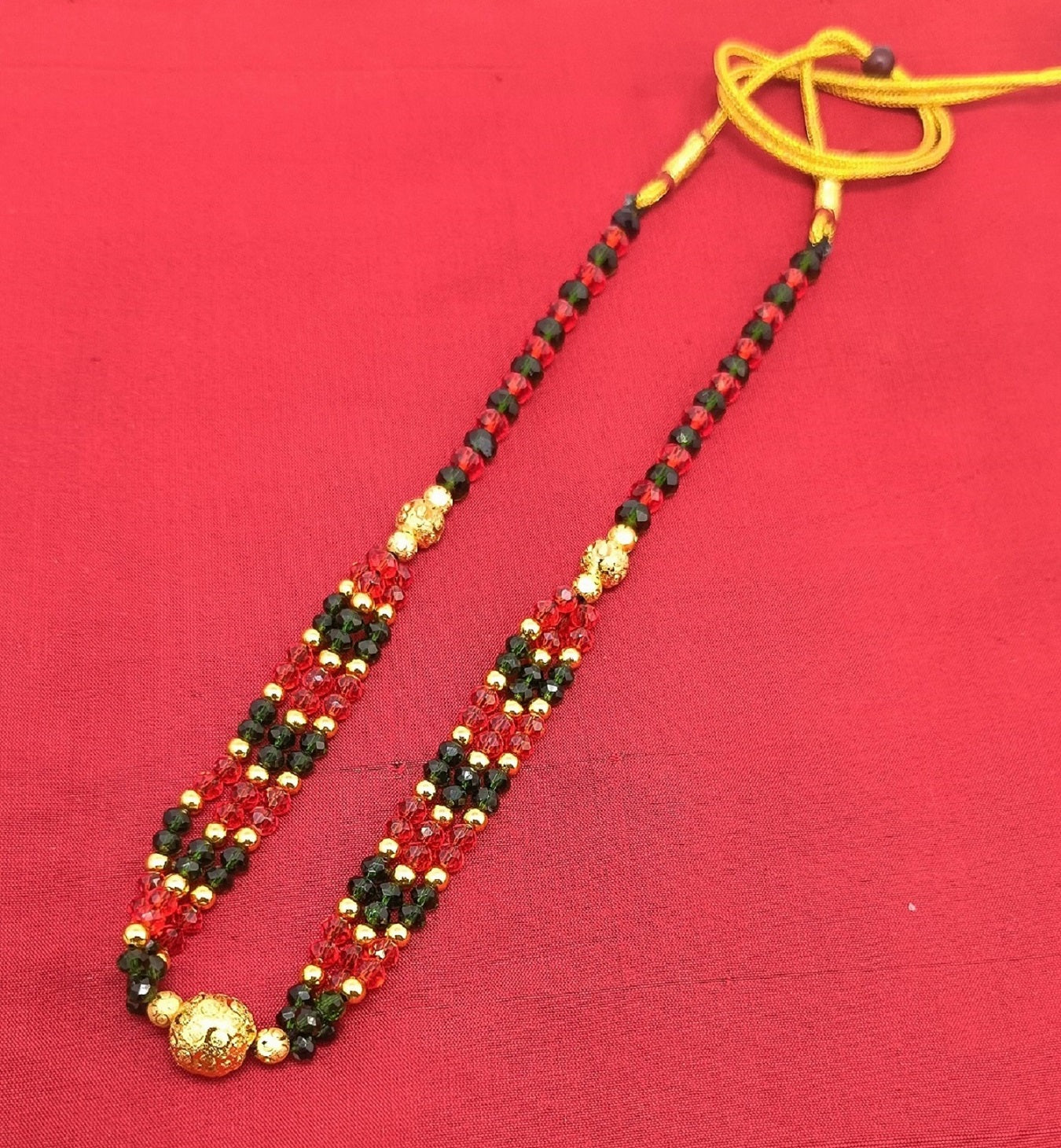 Classic Red & Green Beaded Necklace with Golden Centerpiece – Traditional Festive Jewellery for Women
