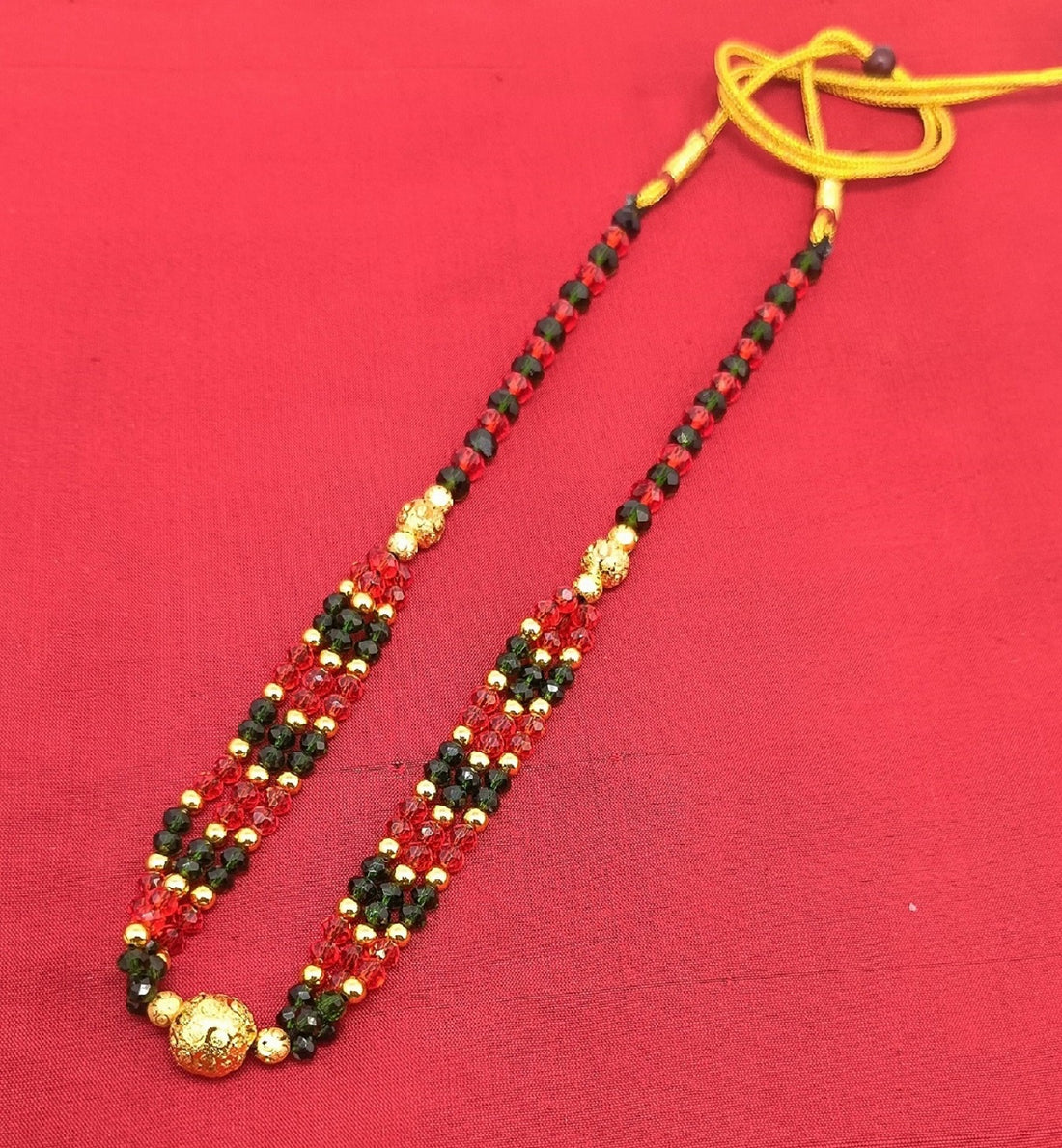 Classic Red & Green Beaded Necklace with Golden Centerpiece – Traditional Festive Jewellery for Women