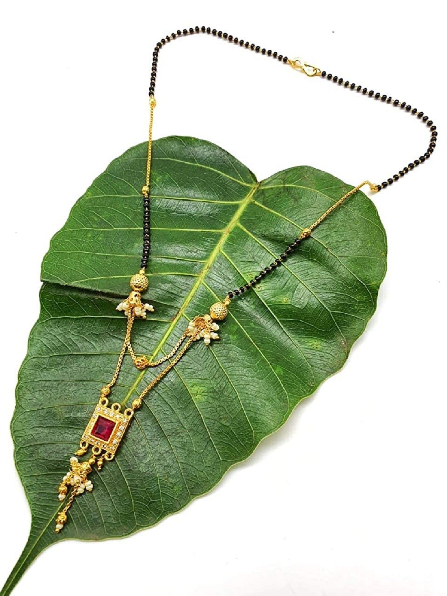 Traditional Red Stone Square Pendant Mangalsutra – Royal Elegance with Pearl Drops ❤️
