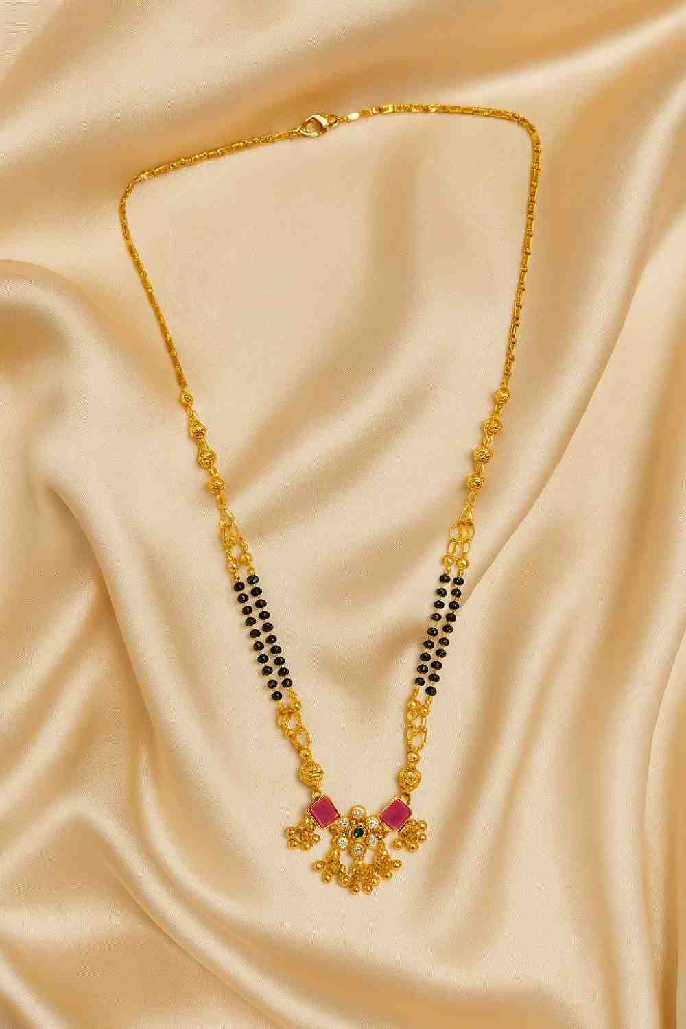 Traditional Gold-Plated Mangalsutra with Ruby-Green Stones & Black Beads – Premium Bridal & Daily Wear Design