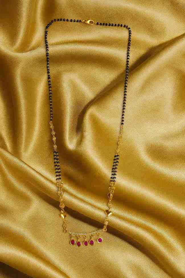 Minimal Ruby Drop Mangalsutra – Gold-Plated Black Bead Chain for Everyday Elegance