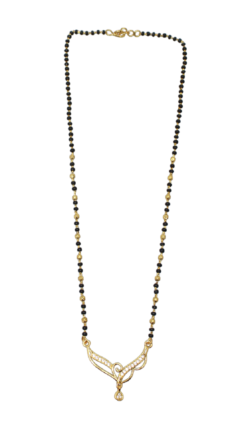 Elegant Black Bead Mangalsutra with Gold-Tone Pendant & CZ Stones
