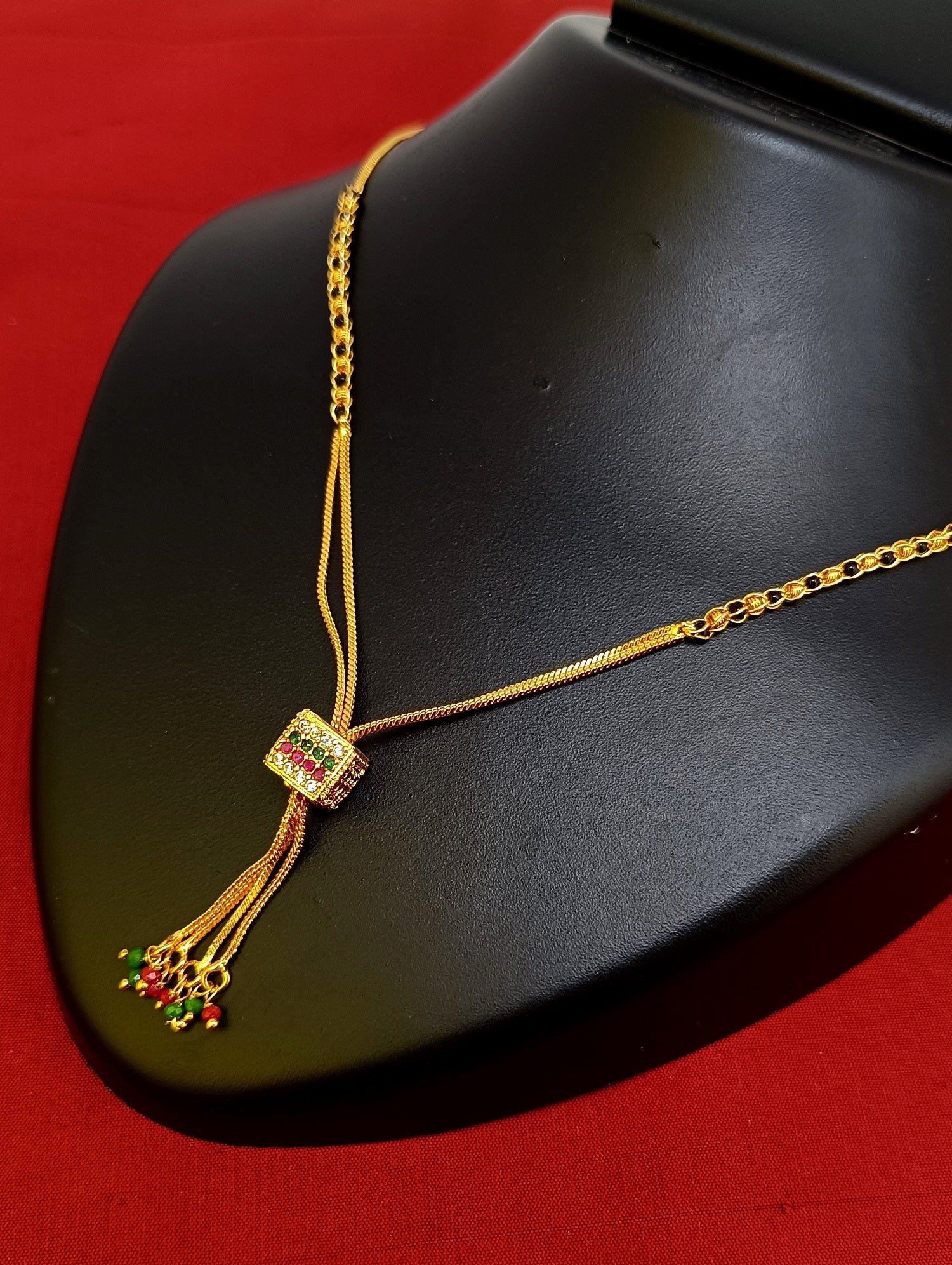 Gold-Plated Mangalsutra with Black Beads & Multicolor Stone Pendant – Elegant Daily & Festive Wear