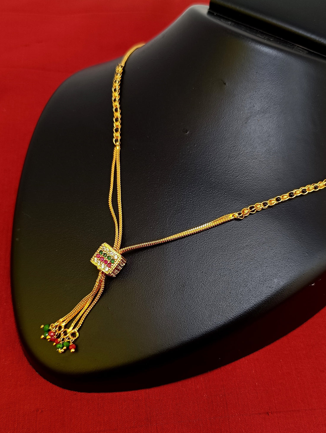 Gold-Plated Mangalsutra with Black Beads & Multicolor Stone Pendant – Elegant Daily & Festive Wear