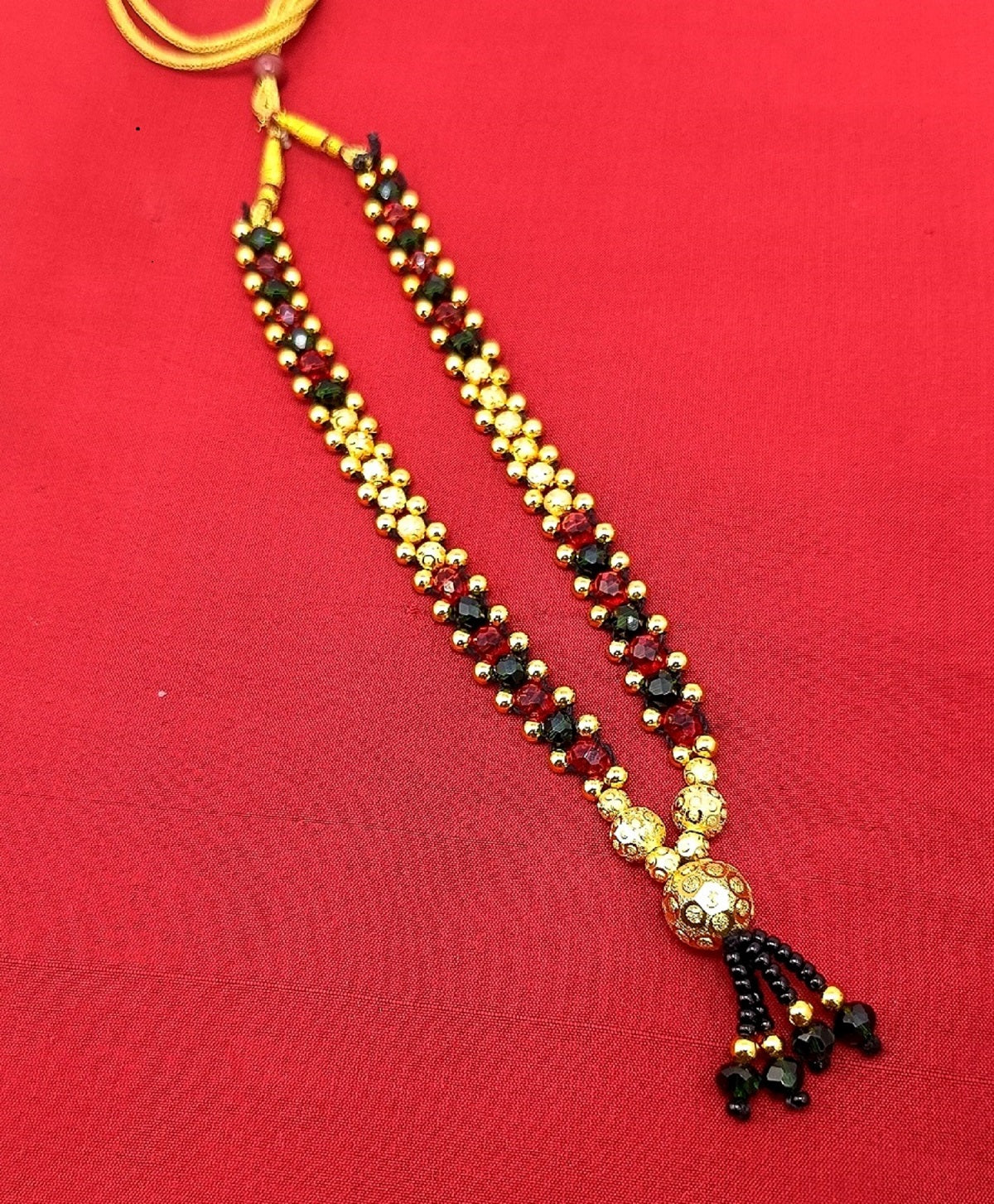 Royal Red & Gold Beaded Necklace with Black Tassel – Traditional Festive Jewellery for Women