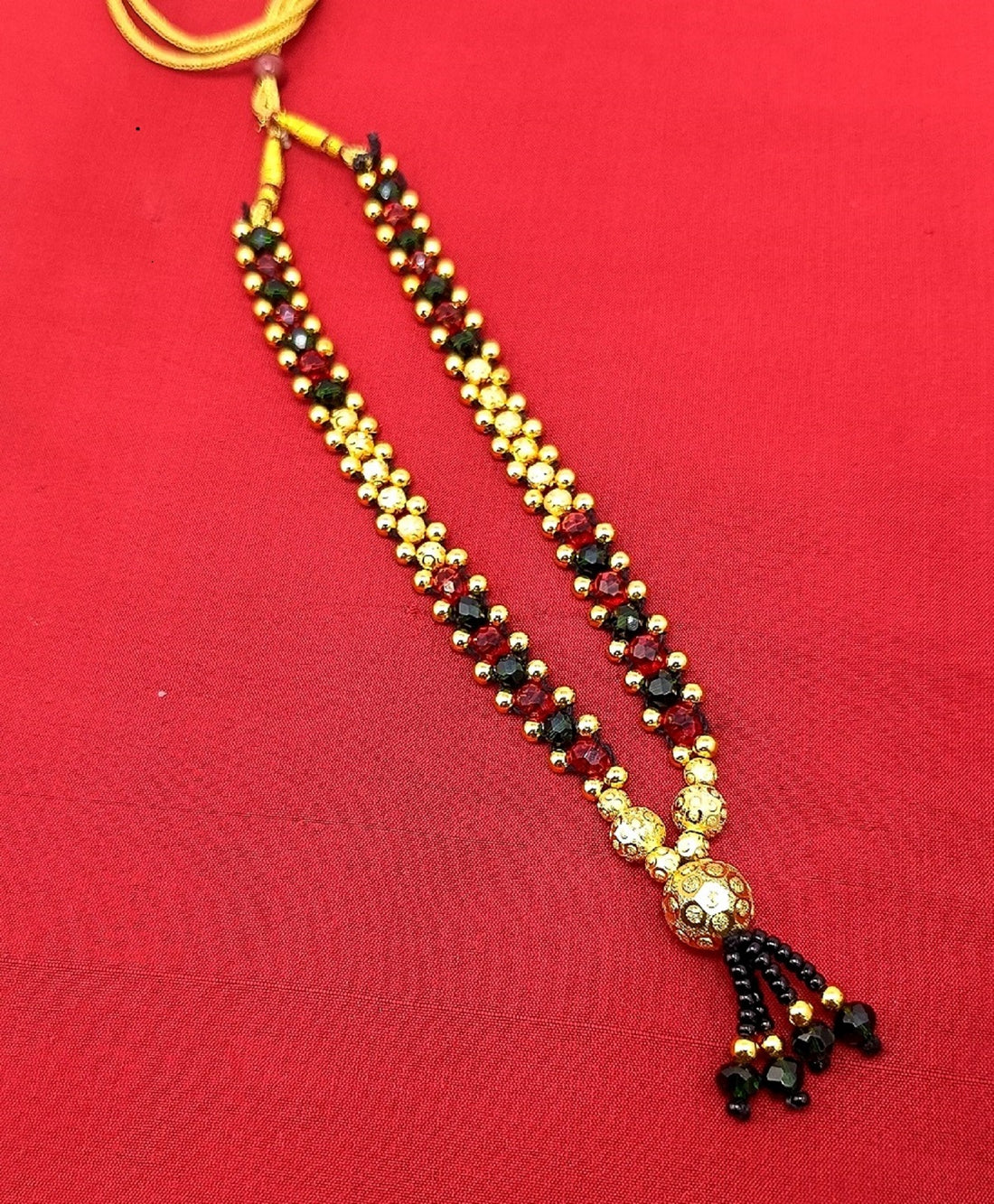 Royal Red & Gold Beaded Necklace with Black Tassel – Traditional Festive Jewellery for Women