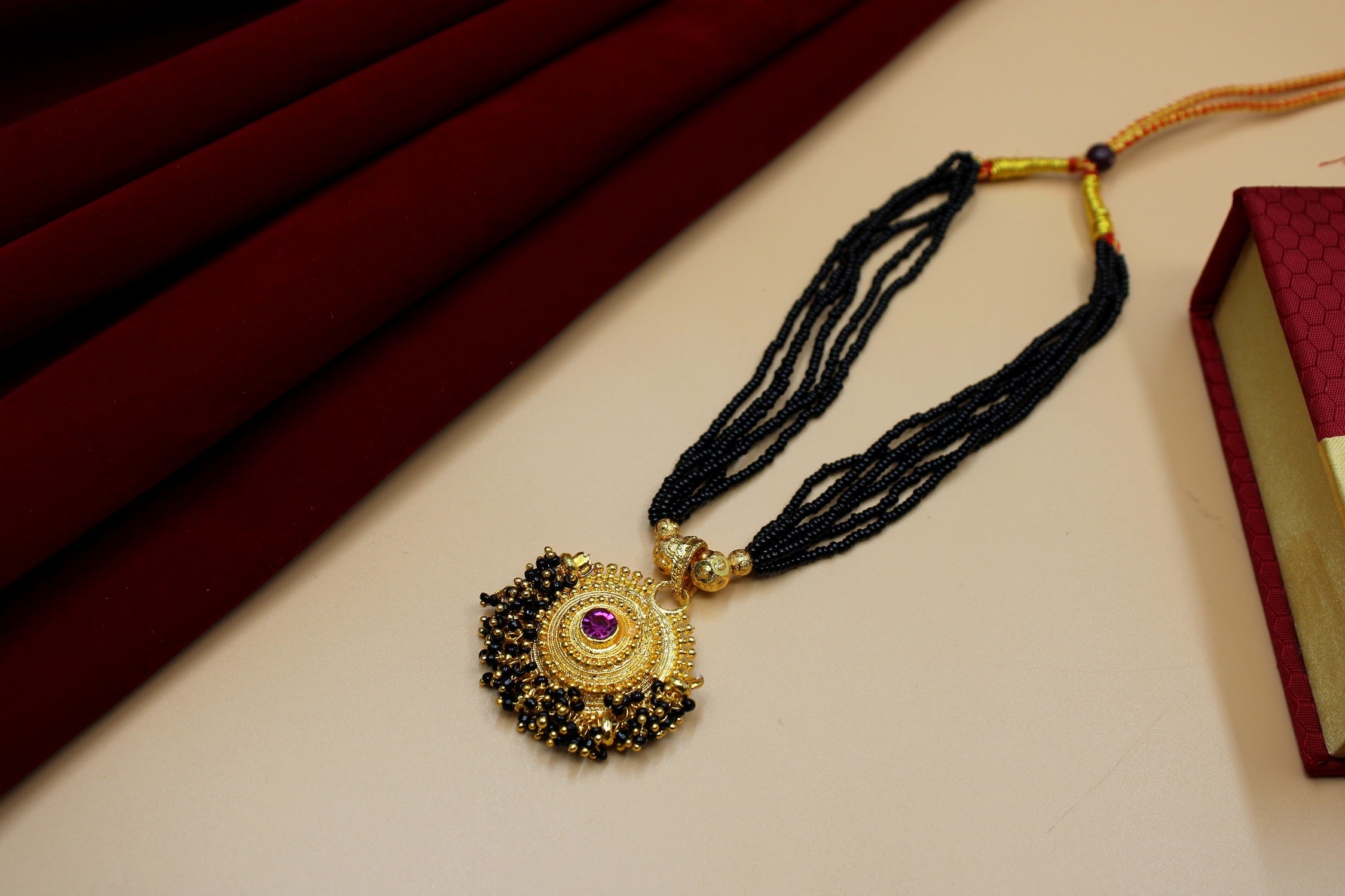 Traditional Round Designer Mangalsutra – 1 Gram Gold Plated with Pink Stone & Multi-Layer Black Beads ✨