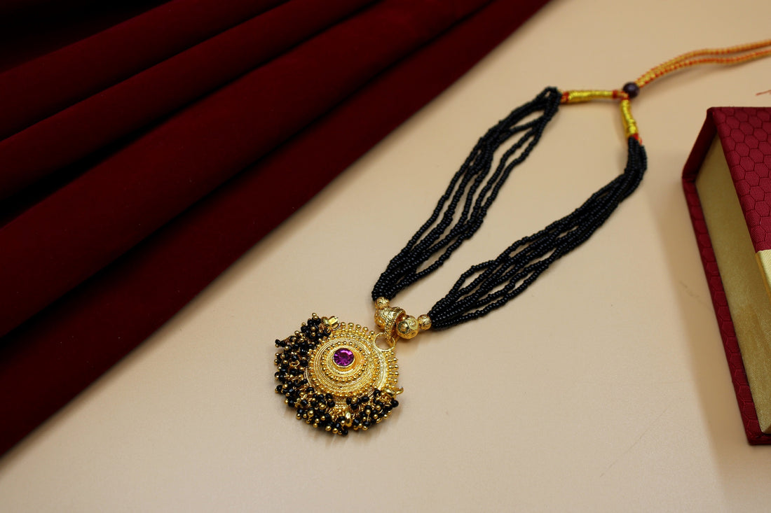 Traditional Round Designer Mangalsutra – 1 Gram Gold Plated with Pink Stone & Multi-Layer Black Beads ✨