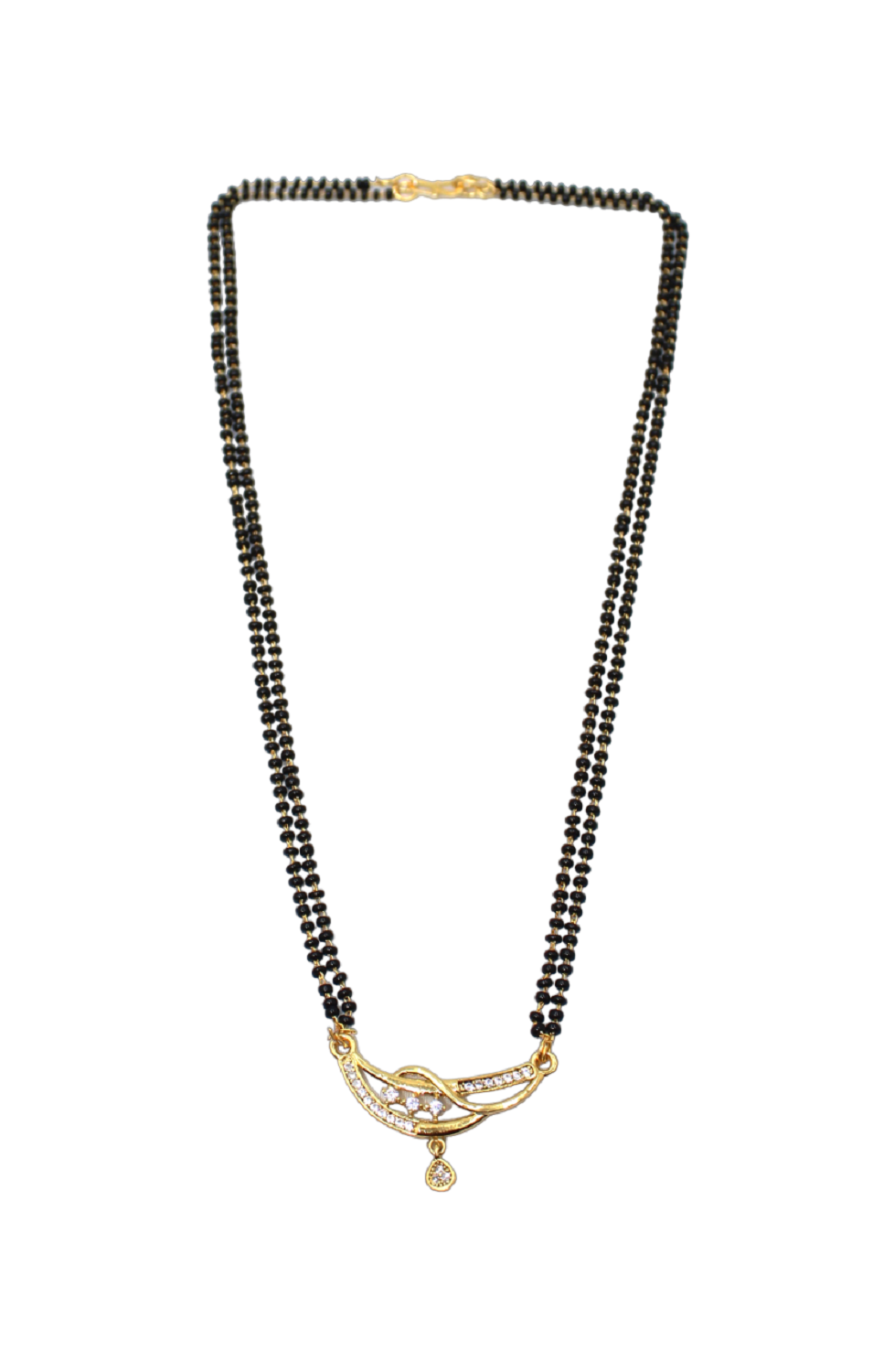 Elegant Double-Line Black Beads Mangalsutra with Gold-Plated CZ Pendant