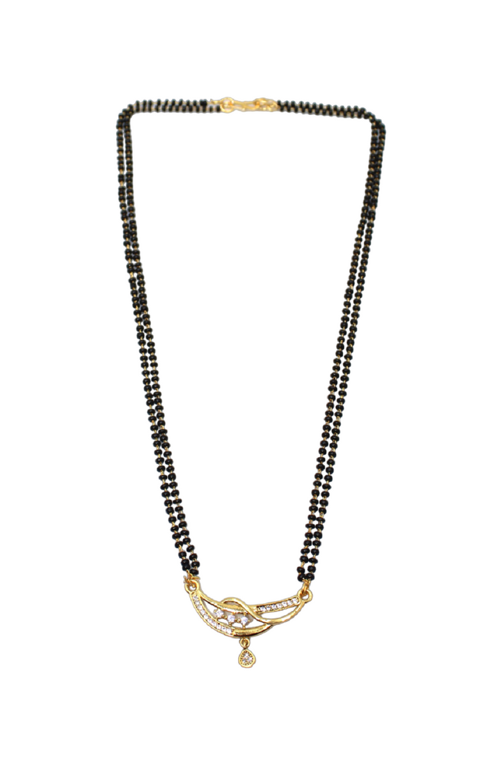 Elegant Double-Line Black Beads Mangalsutra with Gold-Plated CZ Pendant