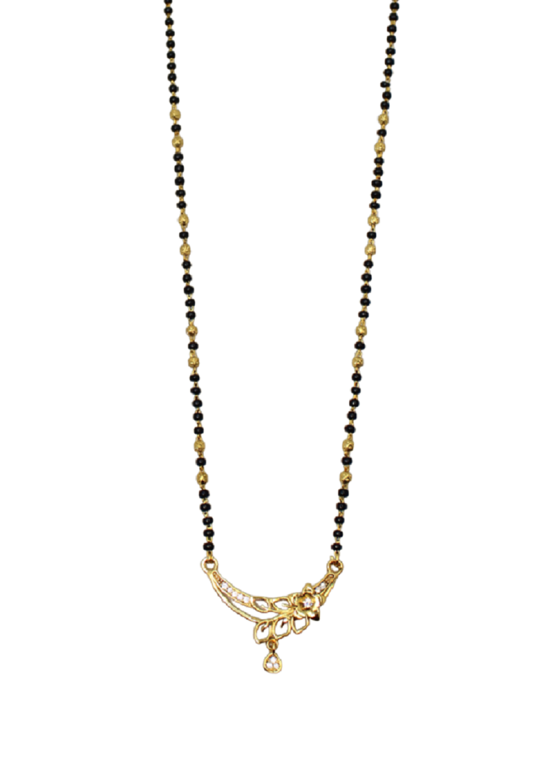 Floral Design Gold-Plated Mangalsutra with Black Beads & CZ Drop Pendant