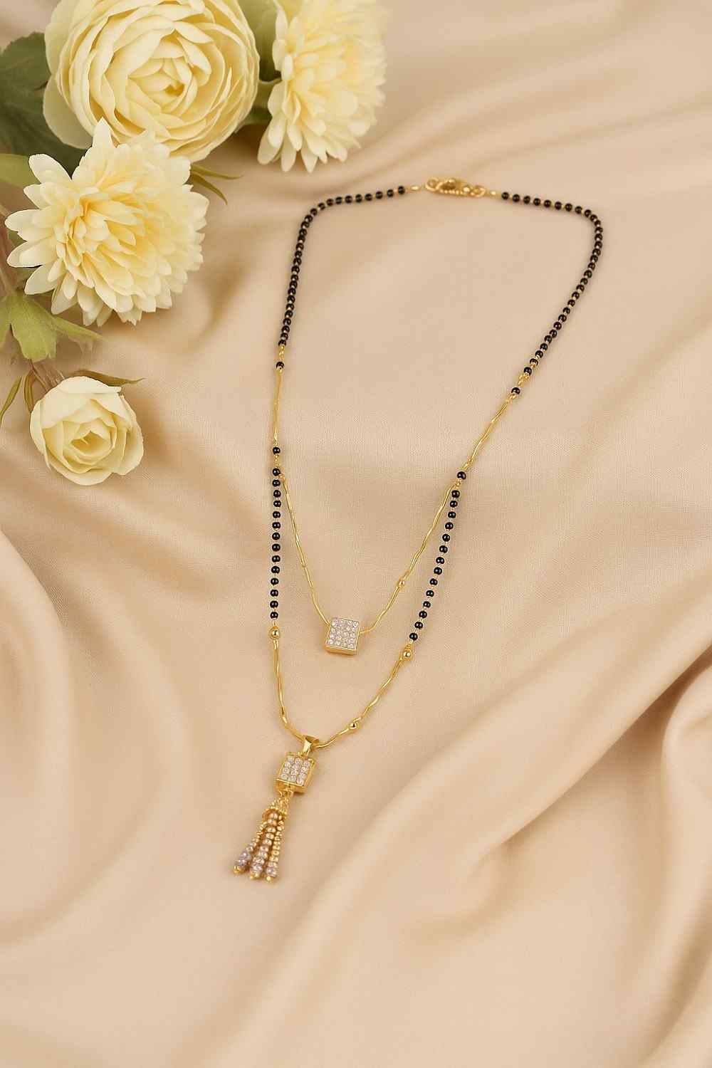 Dual-Layer Square Pendant Mangalsutra – Premium Gold-Plated Black Bead Chain for Modern Brides