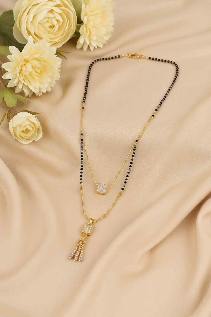 Dual-Layer Square Pendant Mangalsutra – Premium Gold-Plated Black Bead Chain for Modern Brides