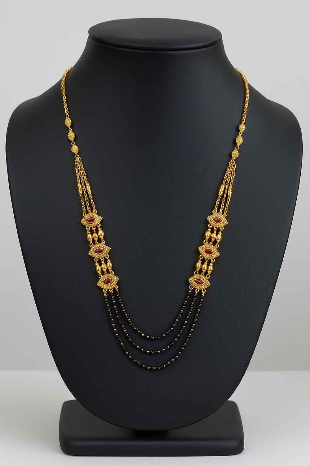 Royal Gold-Plated Double-Layer Long Mangalsutra – Red Stone & Black Bead Design