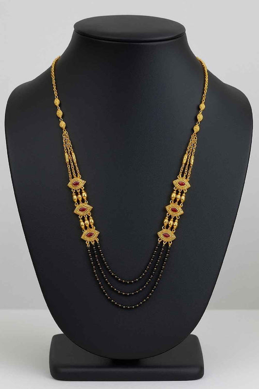 Royal Gold-Plated Double-Layer Long Mangalsutra – Red Stone & Black Bead Design