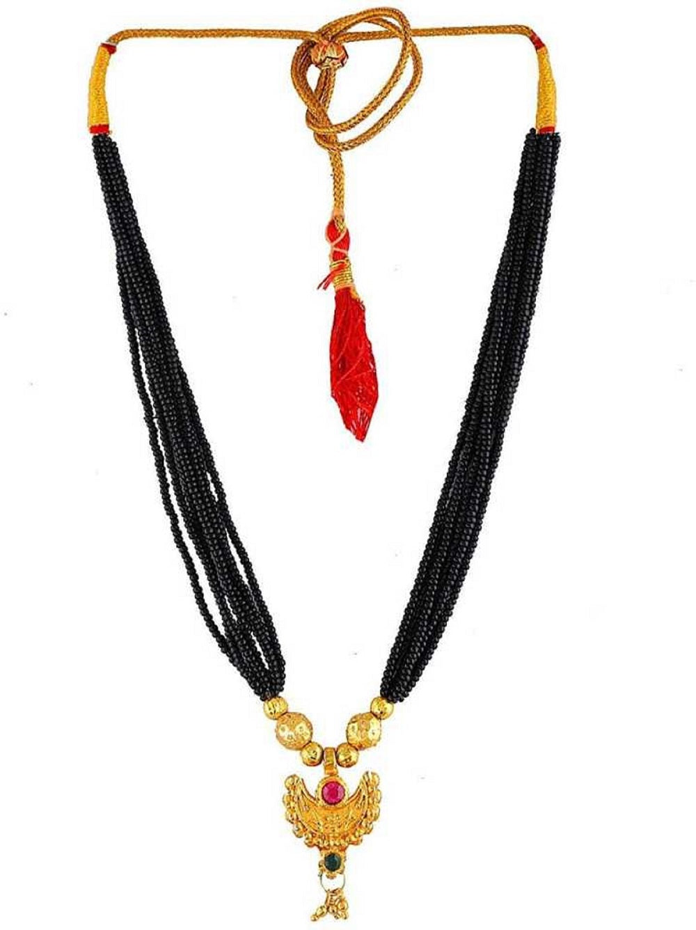 Graceful Moon Pendant Mangalsutra – Gold Plated Black Bead Necklace with Ruby Stone Charm ✨