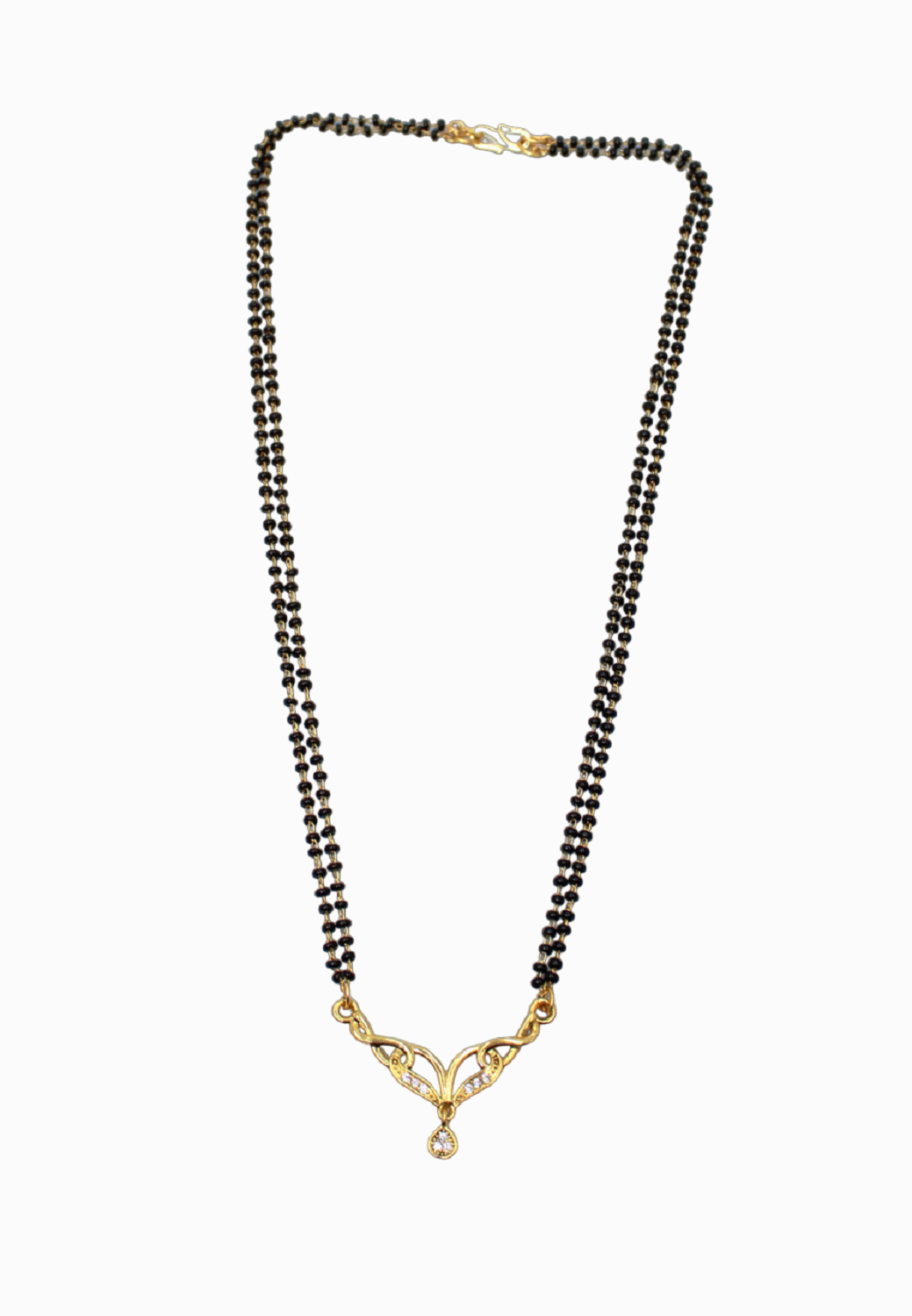 Elegant Double-Line Black Bead Mangalsutra with Heart-Inspired CZ Pendant