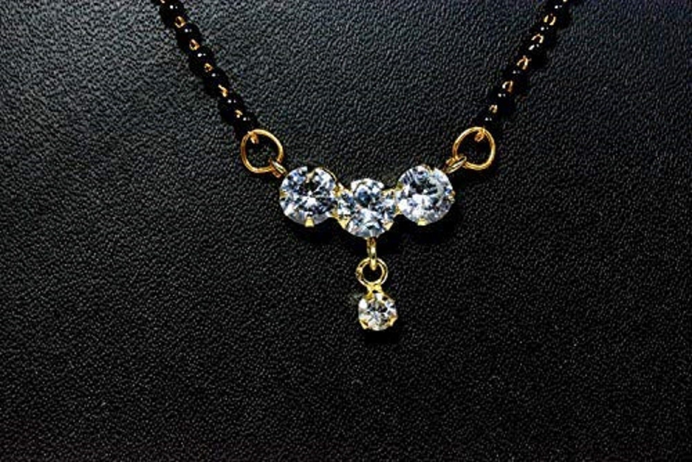 Triple Diamond Drop Mangalsutra – Elegant Gold-Plated Black Bead Chain ✨