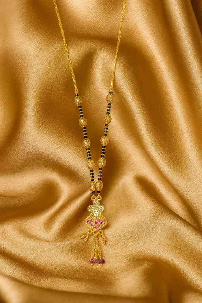Royal Gold-Plated Double-Layer Long Mangalsutra – Red Stone & Black Bead Design