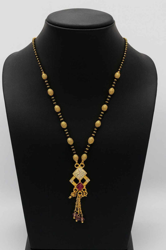 Royal Gold-Plated Traditional Mangalsutra – Purple Stone Pendant with Black Beads